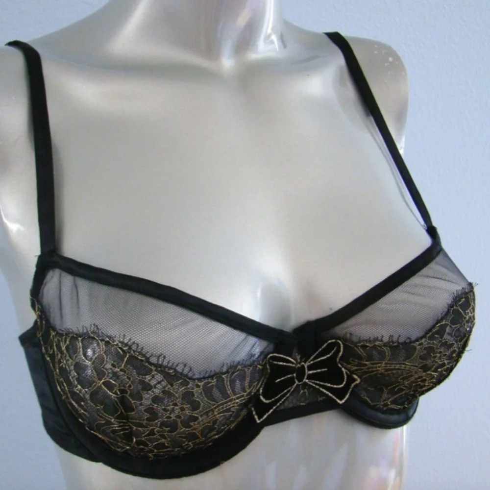 $148 Nwt Victorias Secret Designer Collection Black Gold Unlined Demi Bra 32D
